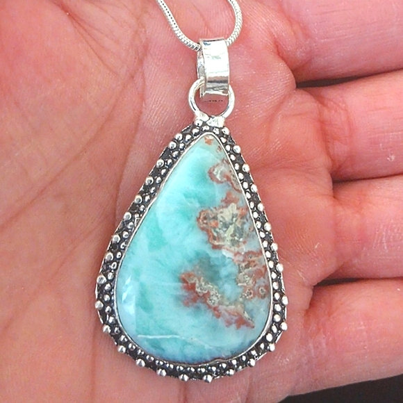 Larimar Inc Jewelry - Large Larimar Gemstone Pendant Boho Necklace 925